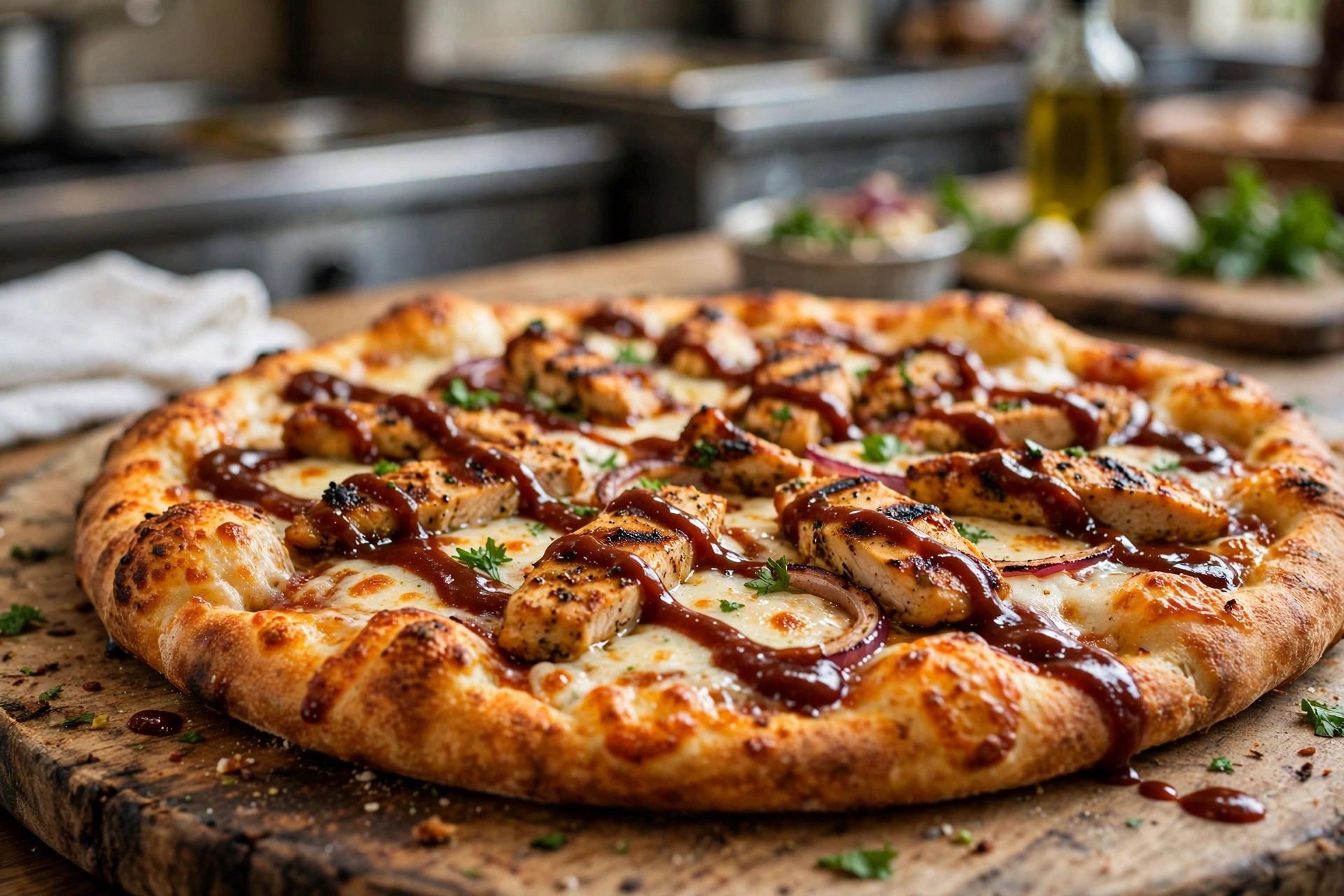 Boston Pizza signature pizza — grilled chicken pizza with barbecue sauce on a wooden board